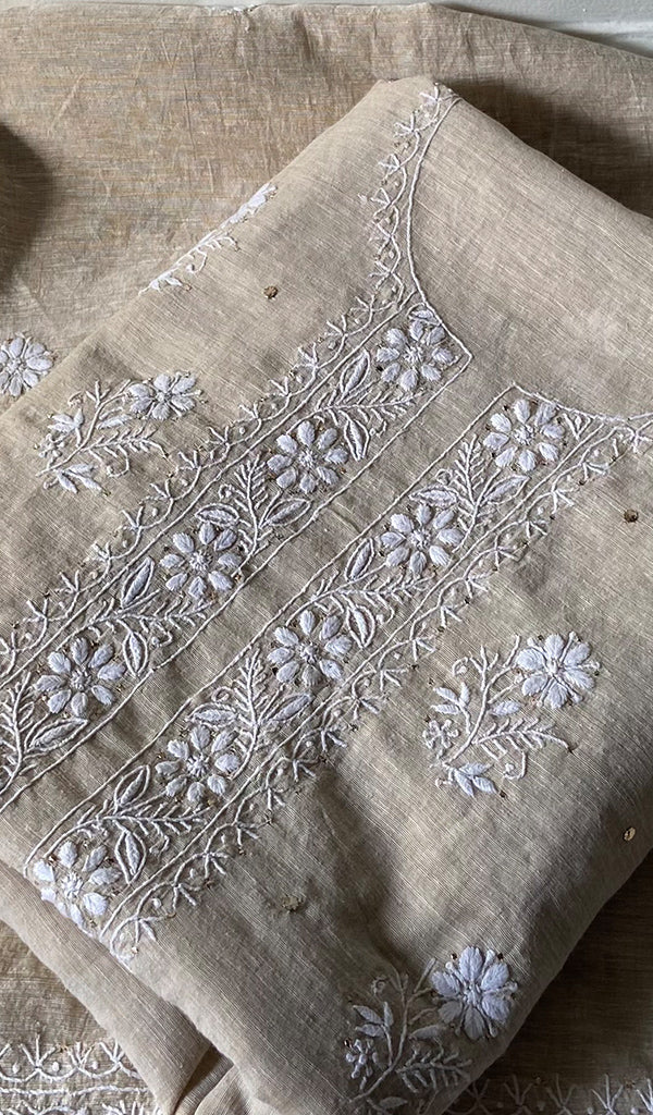 Women's Lakhnavi Handcrafted Unstitched Cotton Chikankari Kurta Dupatta Set - HONC0352437