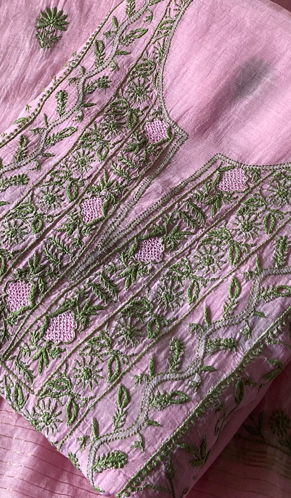 Women's Lakhnavi Handcrafted Chanderi Silk Unstitched Chikankari Full Suit - HONC0342152