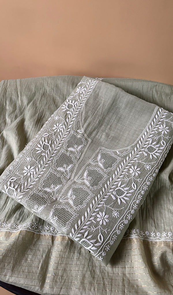 Women's Lakhnavi Handcrafted Mul Chanderi Unstitched Chikankari Full Suit Material - HONC0363740