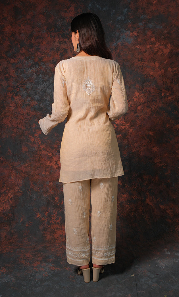 Women's Lakhnavi Handcrafted Tissue chanderi Chikankari Kurta And palazzo Set - HONC0322040