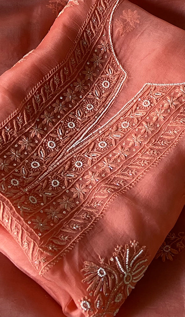 Women's Lakhnavi Handcrafted Pure Organza Chikankari Unstitched Kurta And Dupatta Set- HONC0351137