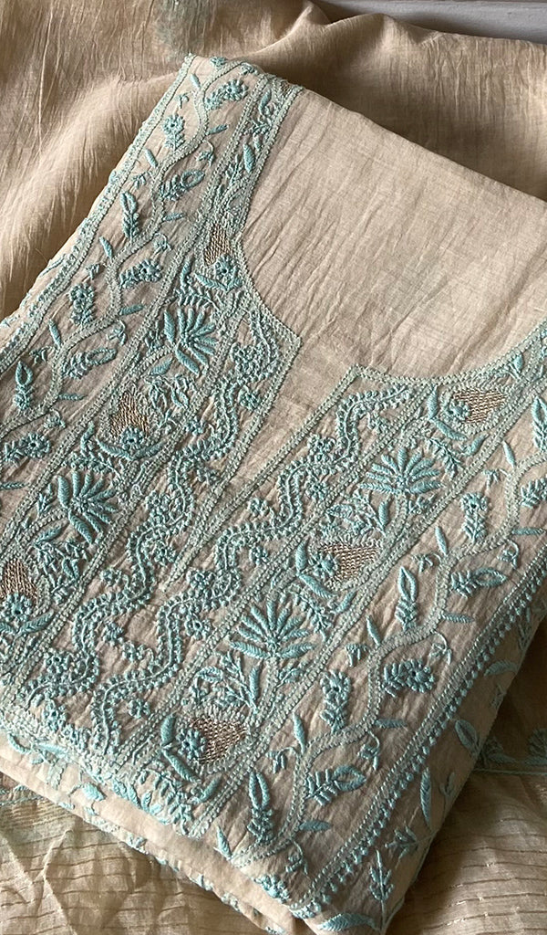 Women's Lakhnavi Handcrafted Mul Chanderi Unstitched Chikankari Full Suit - HONC0334733