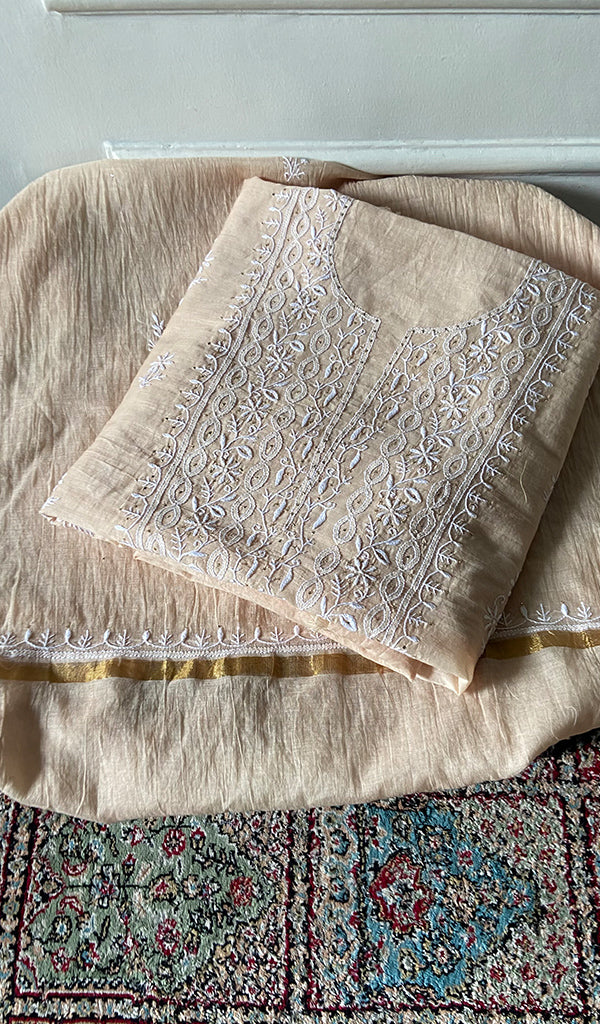 Women's Lakhnavi Handcrafted Mul Chanderi Unstitched Chikankari Full Suit - HONC0367572