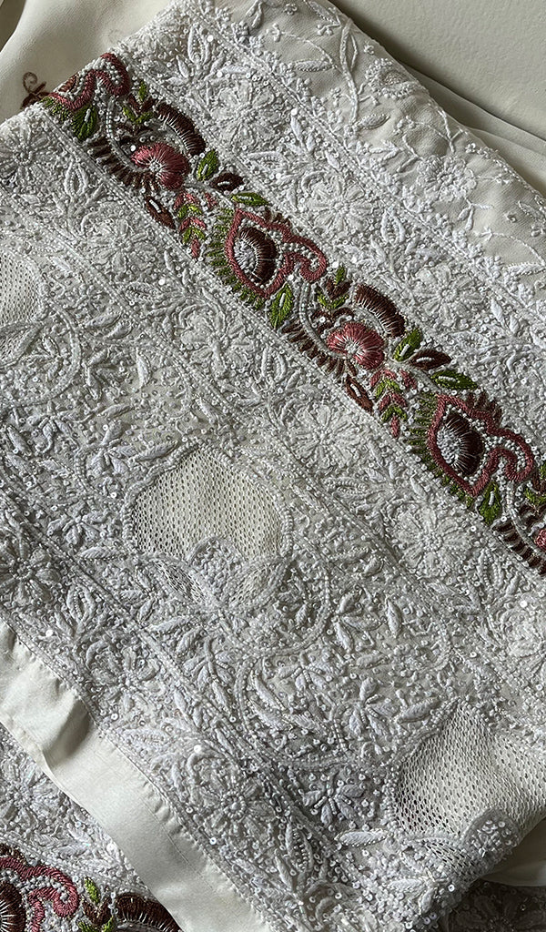 Women's Lakhnavi Handcrafted Pure Silk Georgette Chikankari Kurta and Dupatta set - HONC0271644