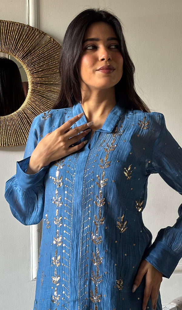 Emma Women's Lucknowi Handcrafted Mul Chanderi Stitched Chikankari Kurta And Pant Set- HONC0320764