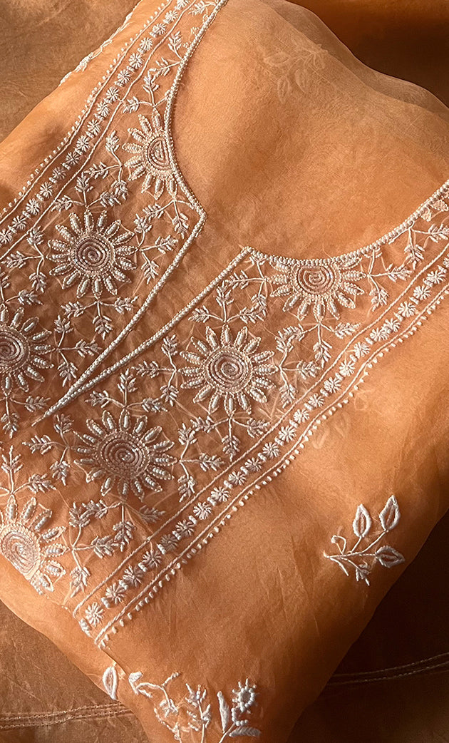 Women's Lakhnavi Handcrafted Pure Organza Chikankari Unstitched Kurta And Dupatta Set- HONC0307946