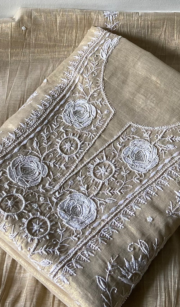 Women's Lakhnavi Handcrafted Tissue Chanderi Unstitched Chikankari Kurta And Dupatta Set - HONC0347896