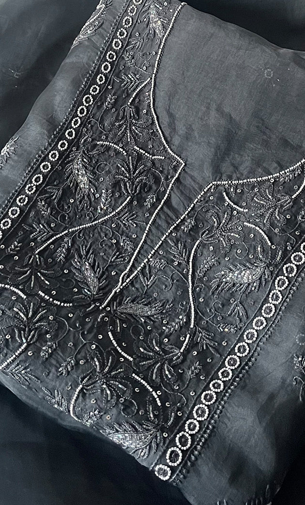 Women's Lakhnavi Handcrafted Pure Organza Chikankari Unstitched Kurta And Dupatta Set- HONC0311247