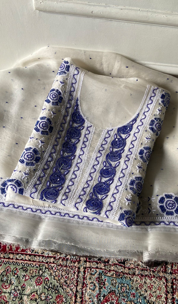 Women's Lakhnavi Handcrafted Pure Organza Chikankari Unstitched Kurta And Dupatta Set- HONC0375214