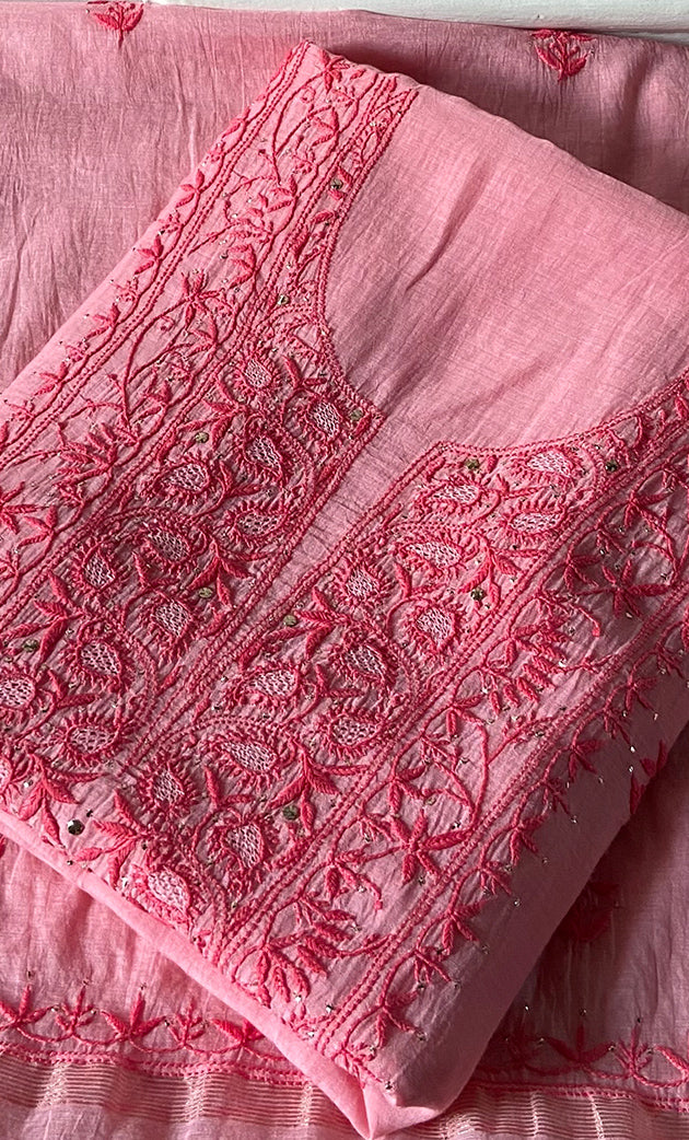 Women's Lakhnavi Handcrafted Mul Chanderi Unstitched Chikankari Full Suit Material - HONC0324503
