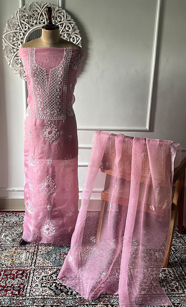 Women's Lakhnavi Handcrafted Pure Organza Chikankari Unstitched Kurta And Dupatta Set- HONC0319190