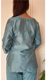 Anika Women's Lucknowi Handcrafted Chanderi Silk Chikankari Top with Farshi Salwar Set