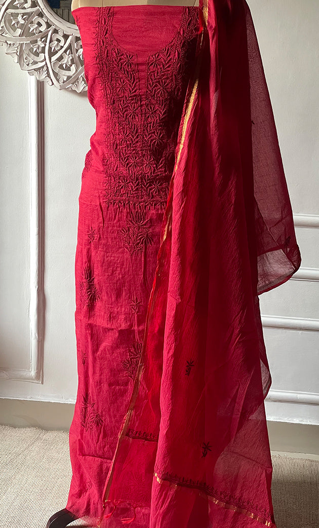 Women's Lakhnavi Handcrafted Mul Chanderi Unstitched Chikankari Full Suit Material - HONC0319530