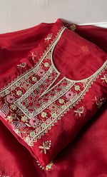 Load image into Gallery viewer, Women's Lakhnavi Handcrafted Pure Organza Chikankari Unstitched Kurta And Dupatta Set- HONC0335374