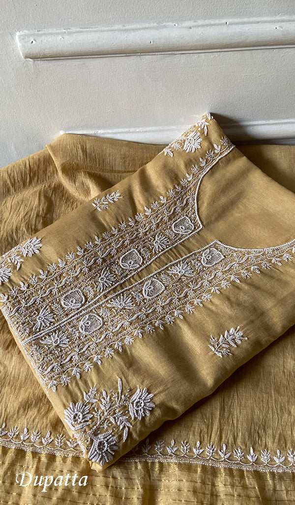 Women's Lakhnavi Handcrafted Mul Chanderi Unstitched Chikankari Full Suit Material - HONC0334957