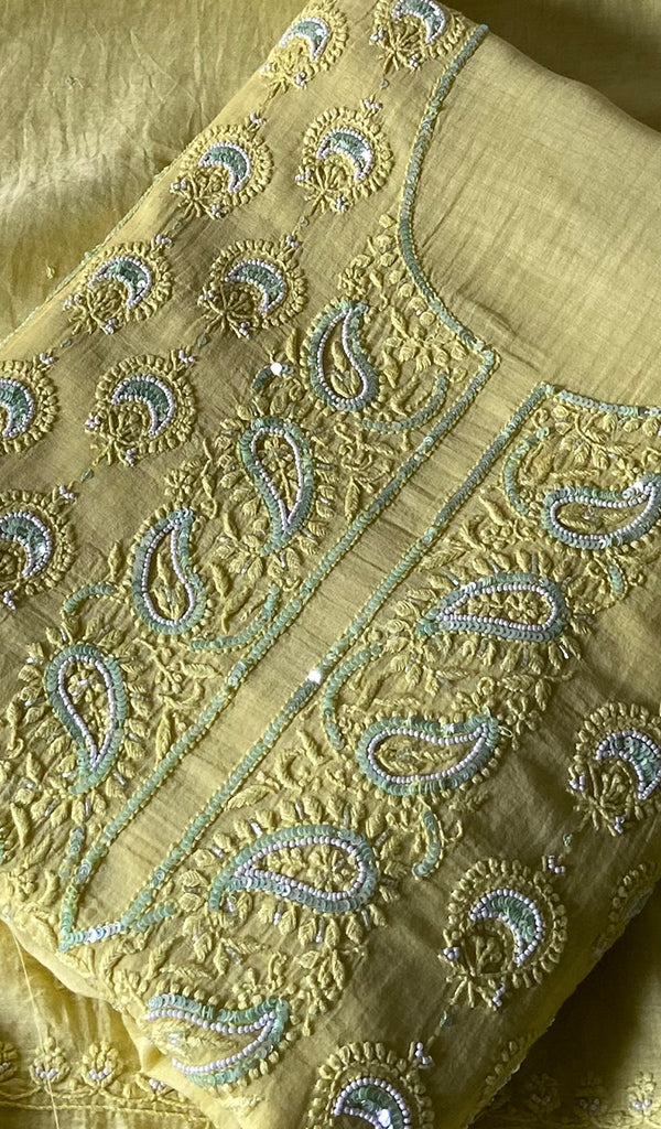 Women's Lakhnavi Handcrafted Mul Chanderi Unstitched Kurta And Dupatta Set - HONC0344343