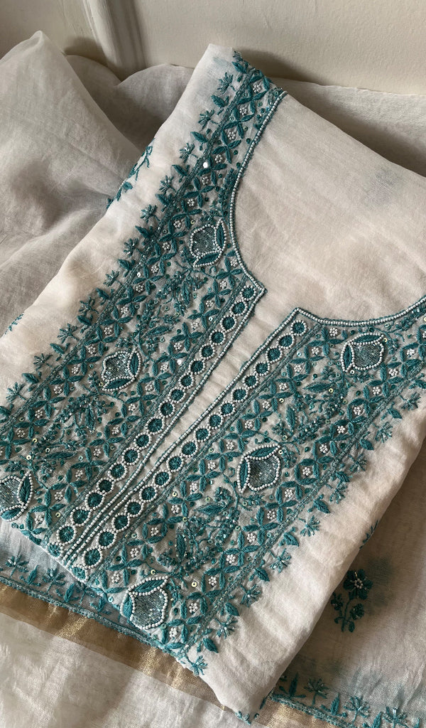 Women's Lakhnavi Handcrafted Mul Chanderi Unstitched Kurta And Dupatta Set - HONCO278130