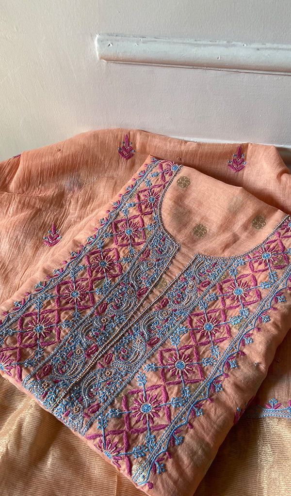 Women's Lakhnavi Handcrafted Mul Chanderi Unstitched Chikankari Full Suit - HONC0352034