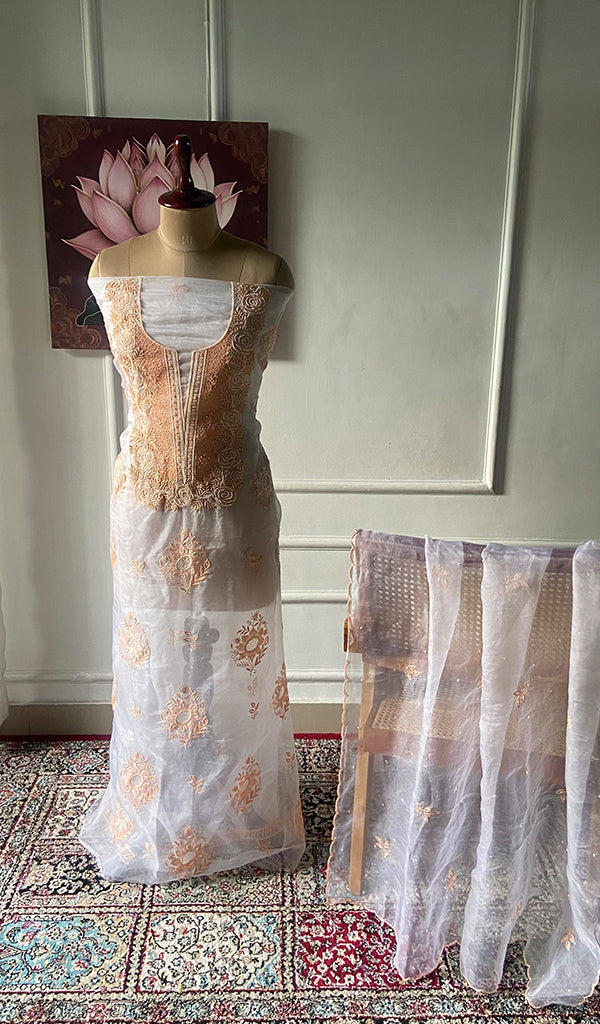 Rose Women's Lakhnavi Handcrafted Pure Organza Chikankari Unstitched Kurta And Dupatta Set- HONC0340809