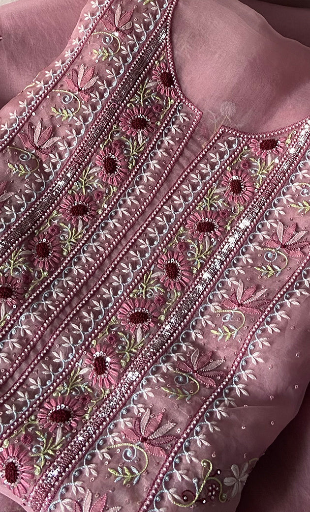 Women's Lakhnavi Handcrafted Pure Organza Chikankari Unstitched Kurta And Dupatta Set- HONC0339421