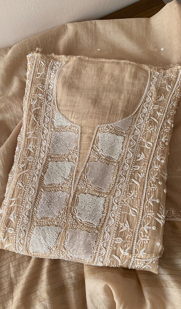 Beige Pure Mul Chanderi Chikankari 3 Pc Semi-Stitched Anarkali Suit Set
