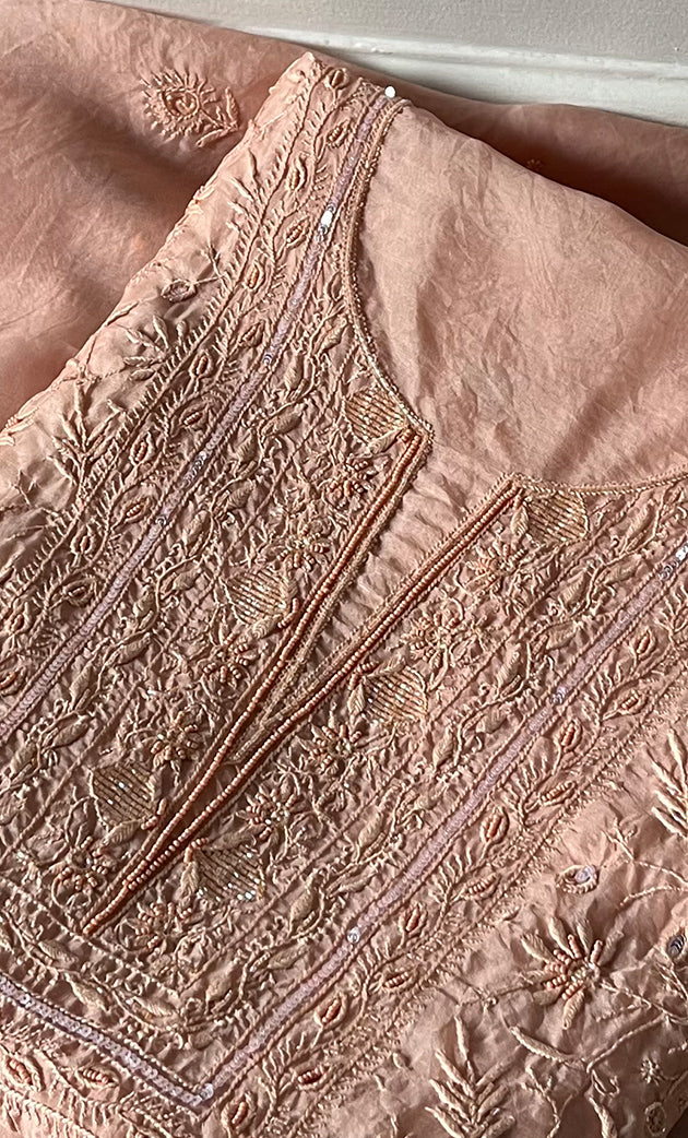 Women's Lakhnavi Handcrafted Pure Organza Chikankari Unstitched Kurta And Dupatta Set- HONC0327850