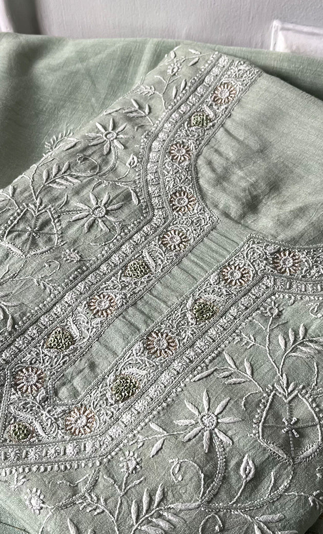 Women's Lakhnavi Handcrafted Unstitched Munga Silk Chikankari Kurta And Dupatta Set- HONC0274528