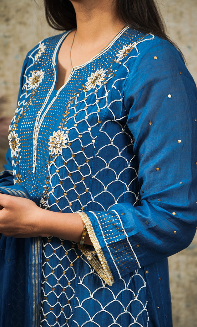 Women's Lakhnavi Handcrafted Mul Chanderi Chikankari Stitched Kurta, Dupatta And Pant Set - HONC0321828