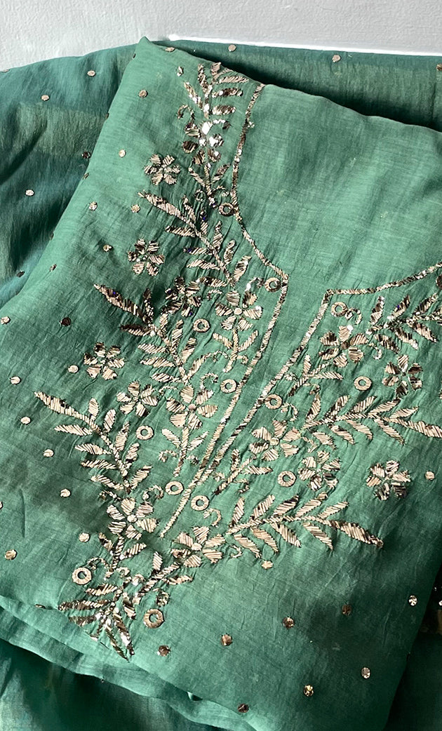 Women's Lakhnavi Handcrafted Mul Chanderi Unstitched Kurta And Dupatta Set - HONC0287739