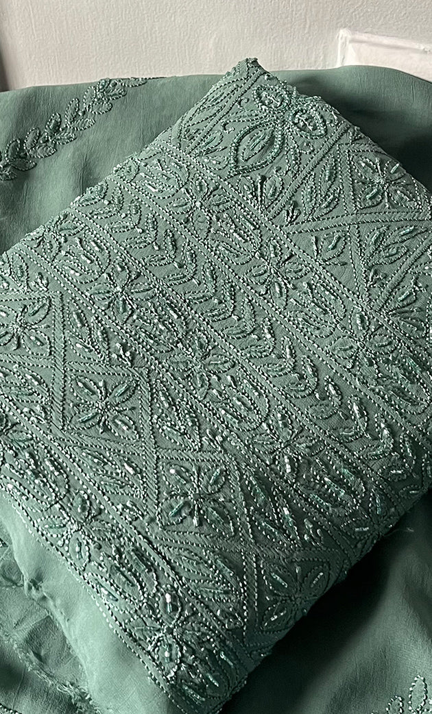 Women's Lucknowi Handcrafted Viscose Georgette Unstitched Chikankari Suit Material - HONC0325151