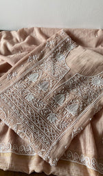 Beige Pure Mul Chanderi Chikankari 3 Pc Semi-Stitched Anarkali Suit Set