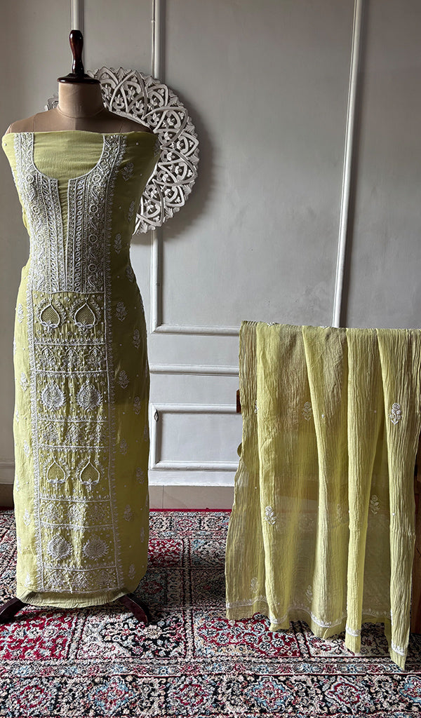 Women's Lakhnavi Handcrafted Mul Chanderi UnStitched Kurta And Dupatta Set - HONC0374449