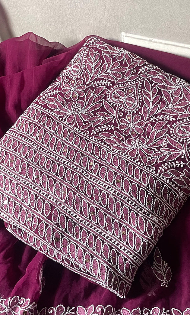 Women's Lucknowi Handcrafted Faux-Georgette Chikankari Suit Material - HONC03263374