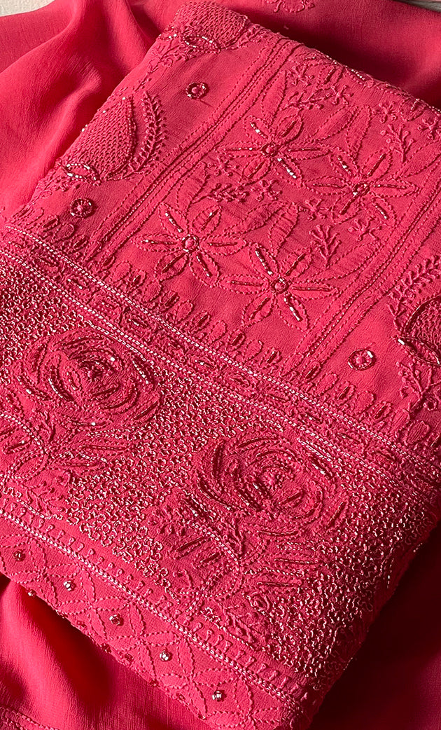Women's Lakhnavi Handcrafted Viscose Georgette Chikankari Full Suit Material - HONC0299910