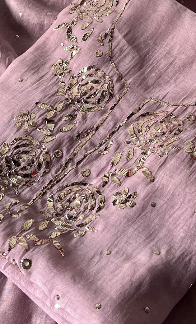 Women's Lakhnavi Handcrafted Mul Chanderi Unstitched Chikankari Full Suit Material - HONC0326067