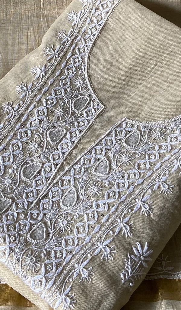 Women's Lakhnavi Handcrafted Tissue Chanderi Unstitched Chikankari Kurta And Dupatta Set - HONC0360002