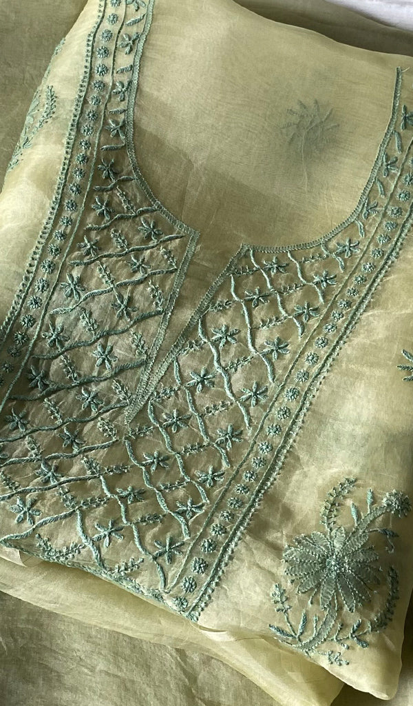 Women's Lakhnavi Handcrafted Pure Organza Chikankari Unstitched Kurta And Dupatta Set- HONC0365701