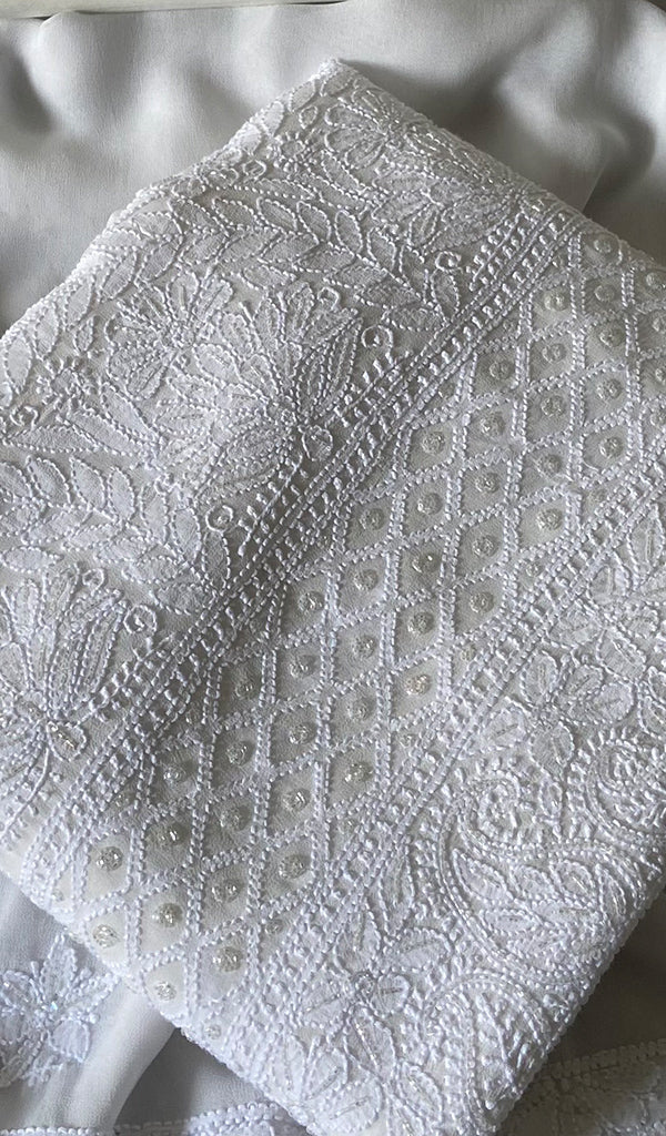 Women's Lucknowi Handcrafted Viscose Georgette Unstitched Chikankari Kurta and Dupatta Set- HONC0341386