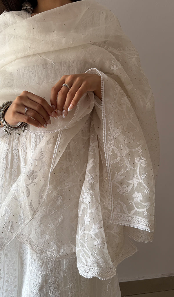 Women's Lucknowi Handcrafted Pure Organza Silk Chikankari Dupatta - HONC0380140