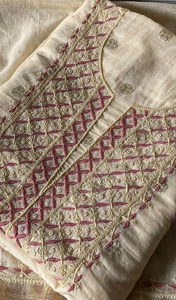 Women's Lakhnavi Handcrafted Chanderi Silk Unstitched Chikankari Full Suit - HONC0352032