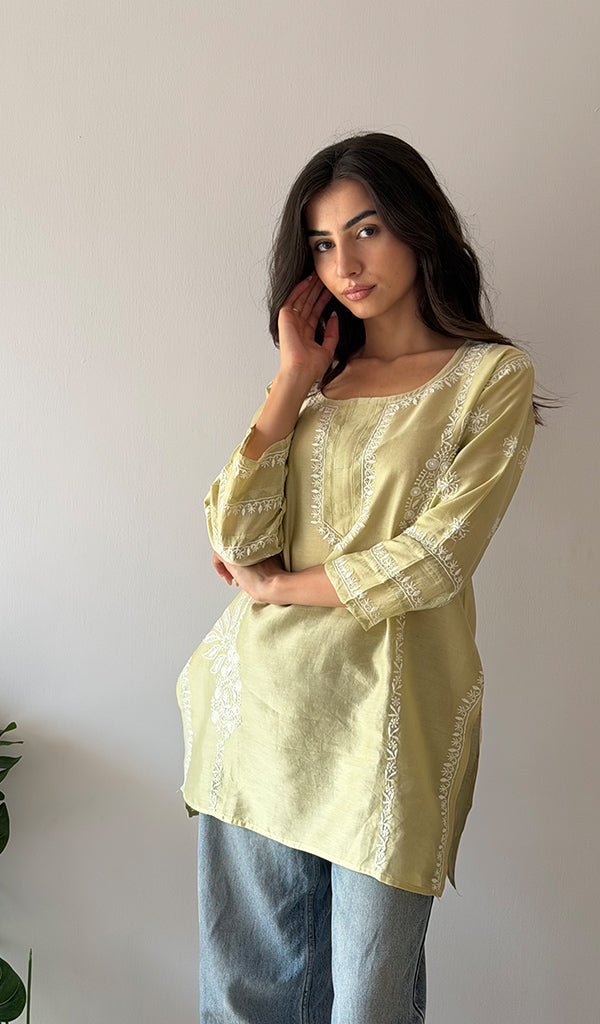 Women's Lakhnavi Handcrafted Mul Chanderi Chikankari Top - HONC0329102