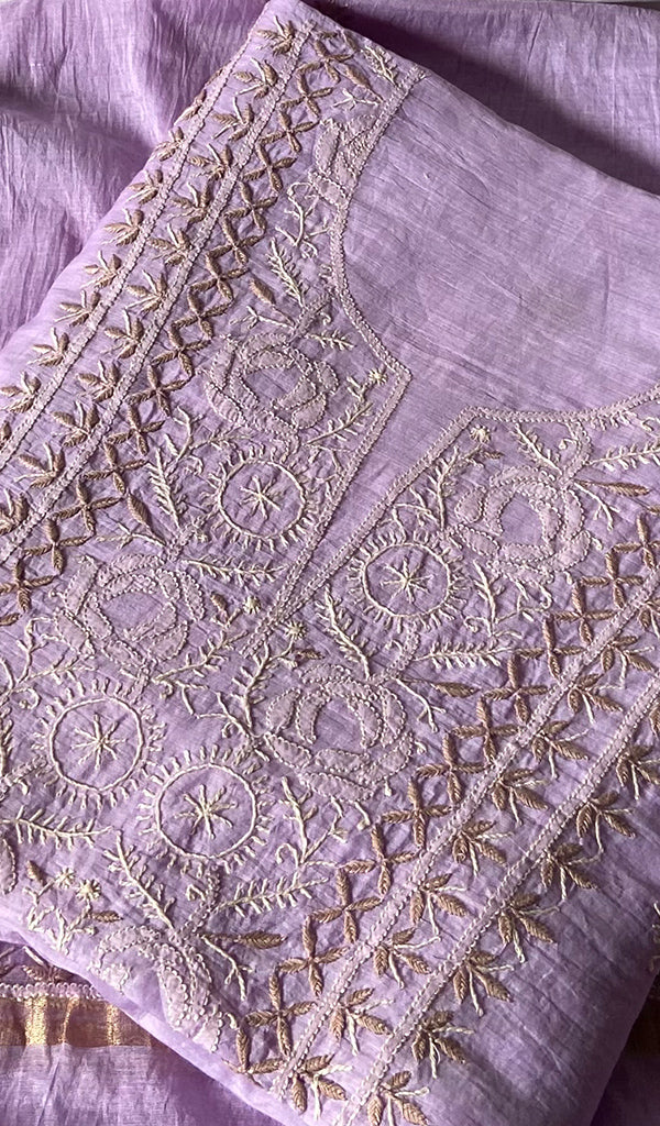 Women's Lakhnavi Handcrafted Chanderi Silk Unstitched Chikankari Full Suit - HONC0369255