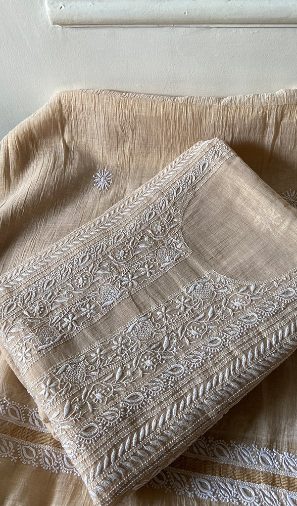 Women's Lakhnavi Handcrafted Tissue Chanderi Unstitched Chikankari Kurta And Dupatta Set - HONC0352502