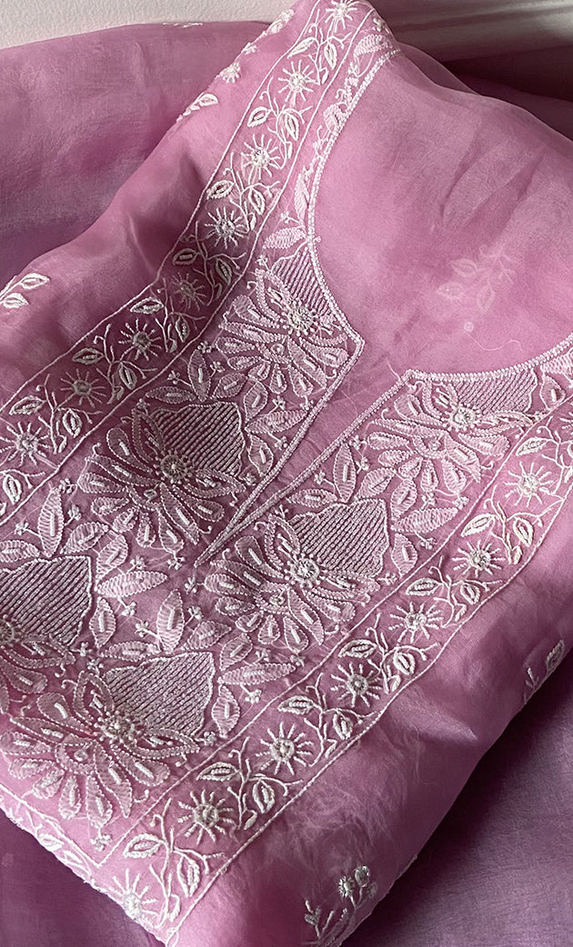 Women's Lakhnavi Handcrafted Pure Organza Chikankari Unstitched Kurta And Dupatta Set- HONC0288321