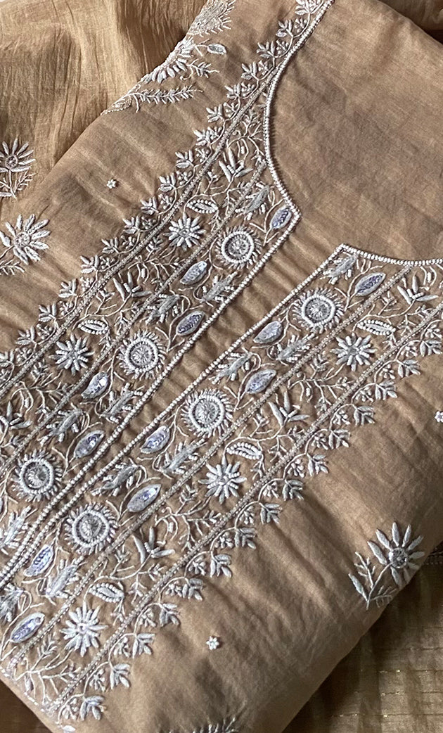 Women's Lakhnavi Handcrafted Mul Chanderi Unstitched Chikankari Full Suit Material - HONC0328323