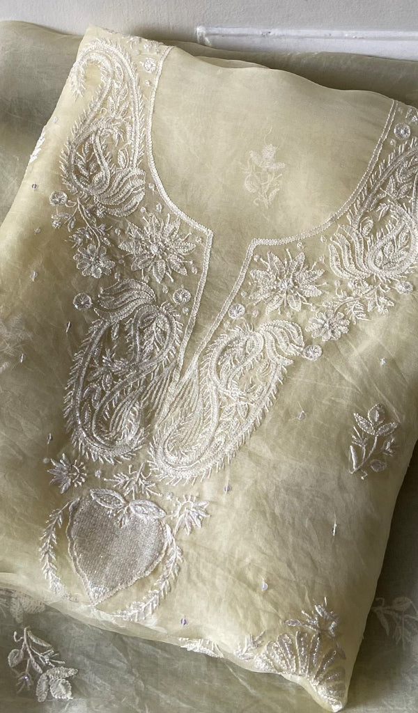Women's Lakhnavi Handcrafted Pure Organza Chikankari Unstitched Full Suit Material - HONC0361467