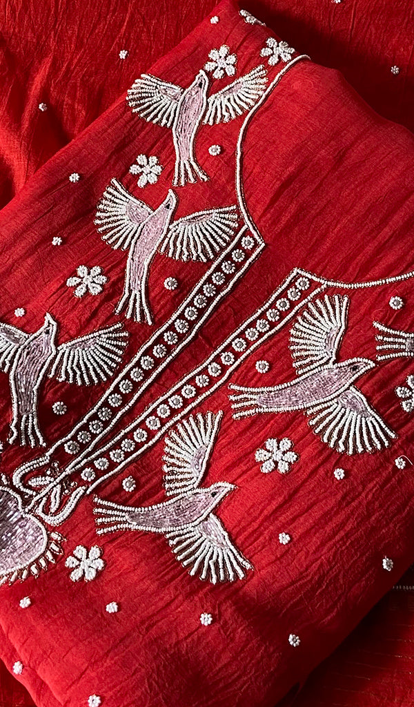 Chidiya Women's Lakhnavi Handcrafted Mul Chanderi Unstitched Kurta And Dupatta Set - HONC0365751