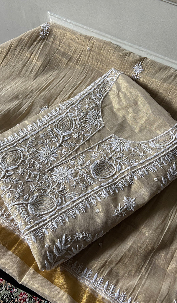 Women's Lakhnavi Handcrafted Tissue Chanderi Unstitched Chikankari Kurta And Dupatta Set - HONC0347707