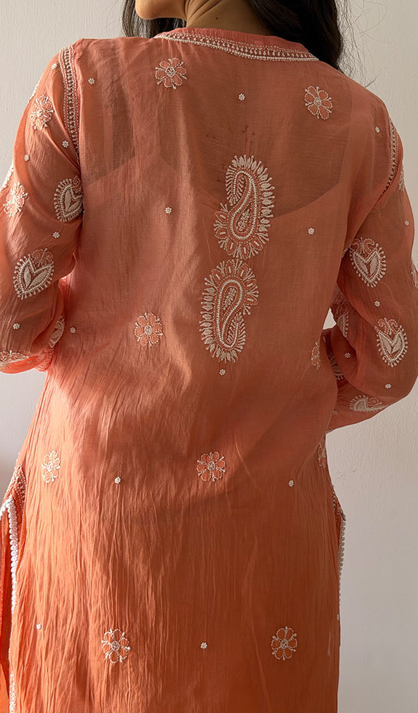 Women's Lucknowi Handcrafted Mul Chanderi Stitched Chikankari Kurta And Plazzo Set- HONC0379063