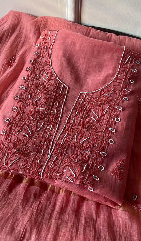 Women's Lucknowi Handcrafted Chanderi Silk Chikankari Full Suit Material - HONC0260961